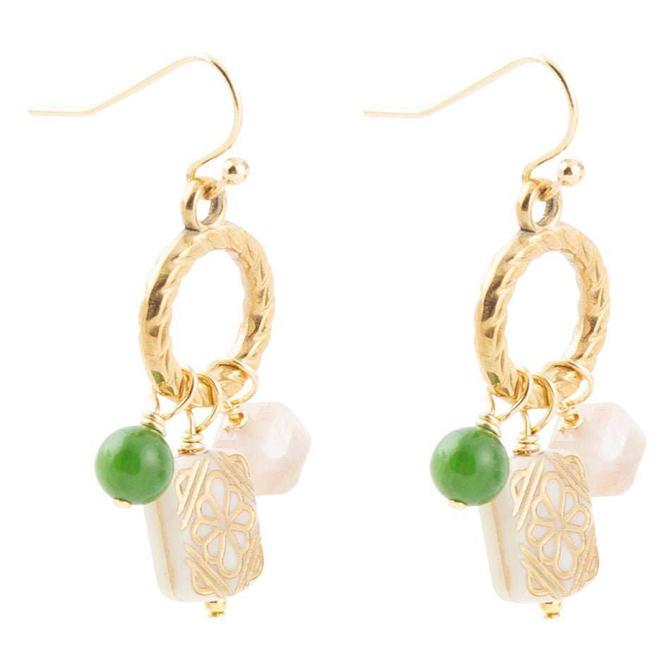 Green Jade and Pink Sunstone Golden Drop Earrings - Barse Jewelry - Flyclothing LLC