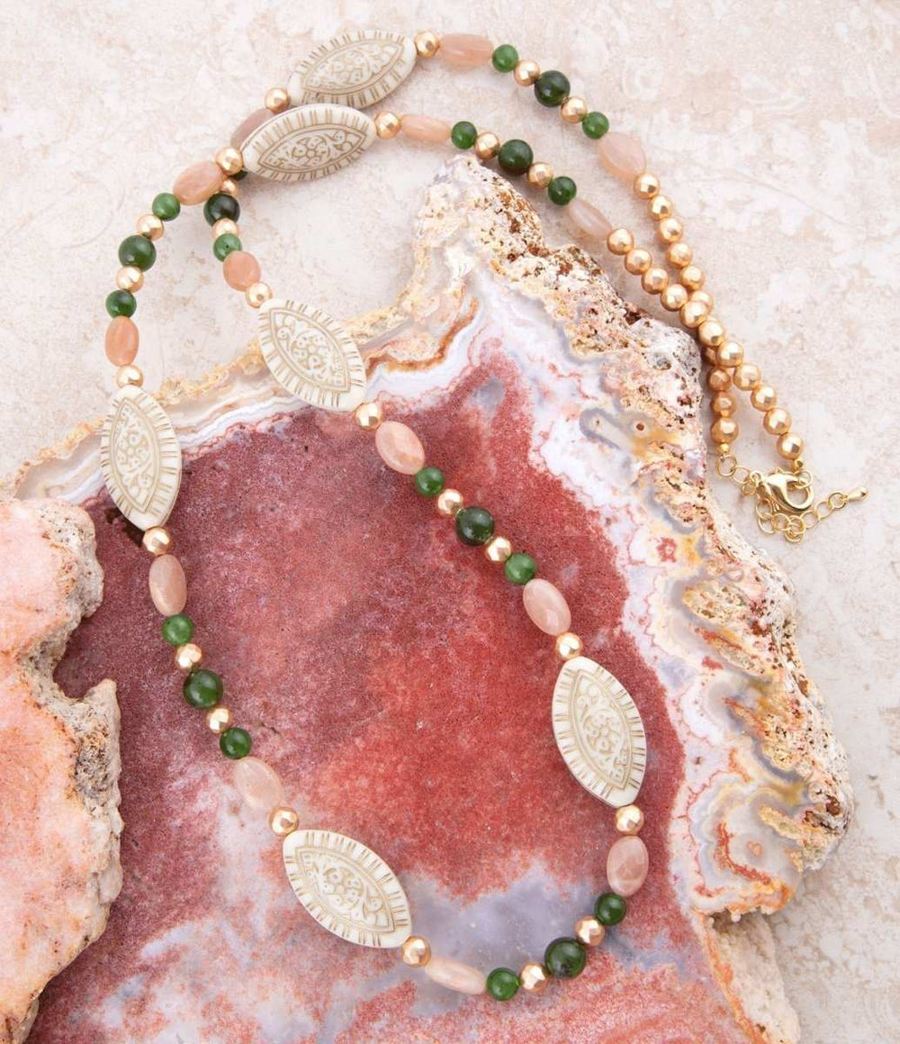 Green Jade and Pink Sunstone Golden Necklace - Barse Jewelry - Flyclothing LLC
