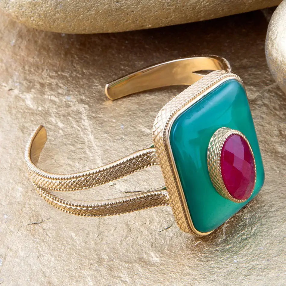 Green Onyx Stacked Red Quartz Golden Cuff Bracelet - Barse Jewelry - Flyclothing LLC