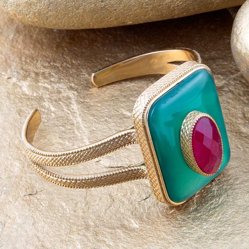 Green Onyx Stacked Red Quartz Golden Cuff Bracelet - Barse Jewelry - Flyclothing LLC