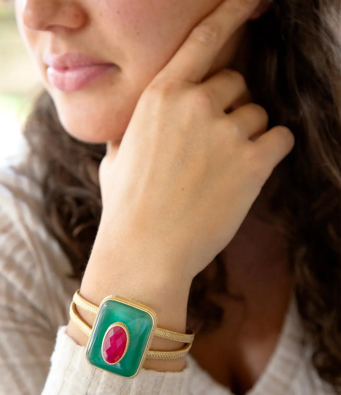 Green Onyx Stacked Red Quartz Golden Cuff Bracelet - Barse Jewelry - Flyclothing LLC