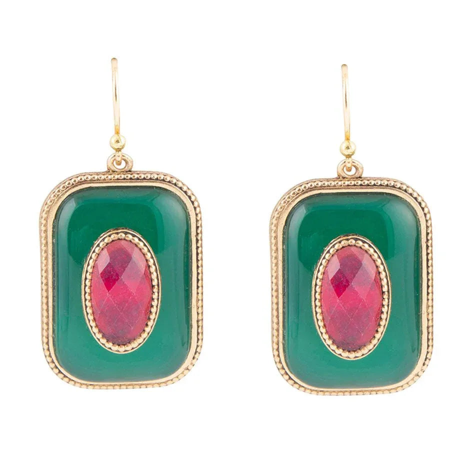 Green Onyx Stacked Red Stone Golden Drop Earrings - Barse Jewelry - Flyclothing LLC