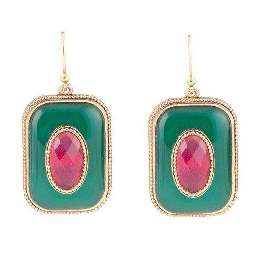 Green Onyx Stacked Red Stone Golden Drop Earrings - Barse Jewelry - Flyclothing LLC