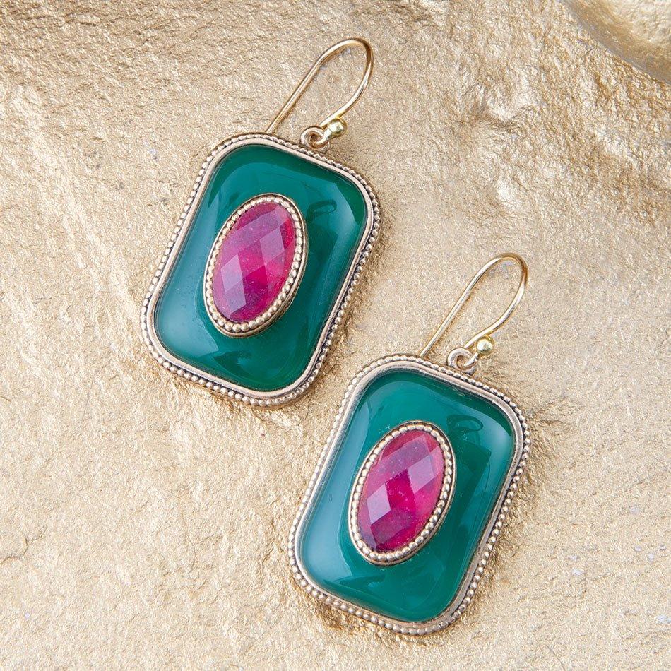 Green Onyx Stacked Red Stone Golden Drop Earrings - Barse Jewelry - Flyclothing LLC