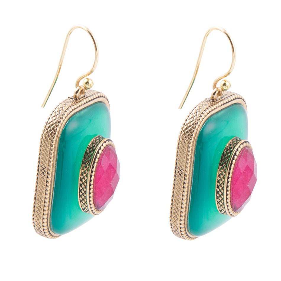 Green Onyx Stacked Red Stone Golden Drop Earrings - Barse Jewelry - Flyclothing LLC