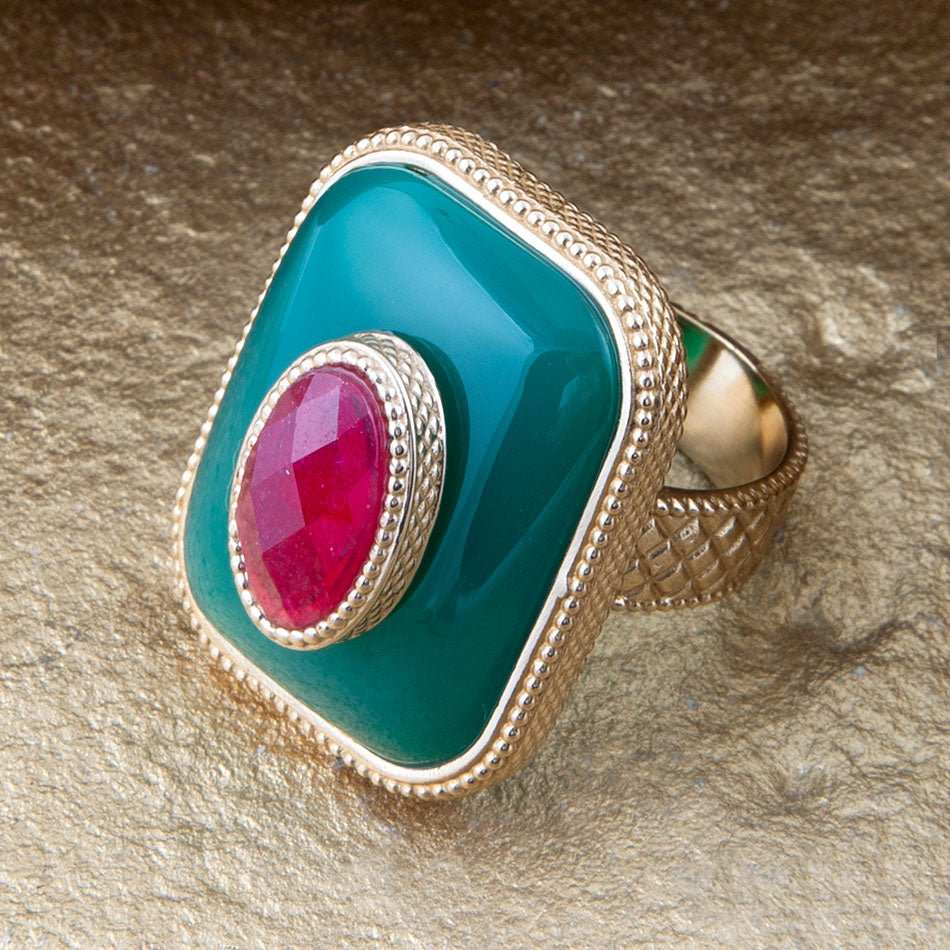 Green Onyx Stacked Red Stone Golden Statement Ring - Barse Jewelry - Flyclothing LLC
