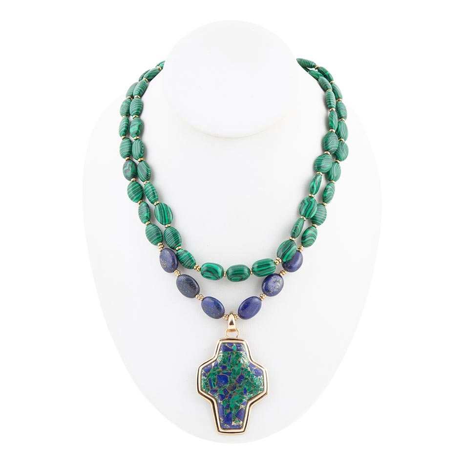 Green Malachite Azurite Cross Statement Golden Necklace - Barse Jewelry - Flyclothing LLC