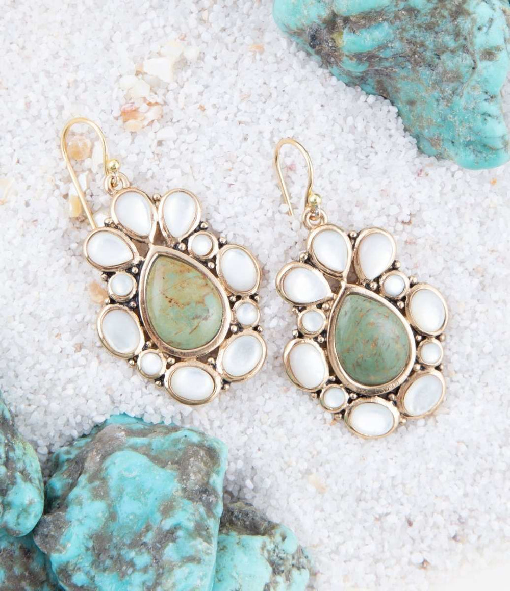 Green Turquoise and White Mother of Pearl Golden Bronze Drop Earrings - Barse Jewelry - Flyclothing LLC