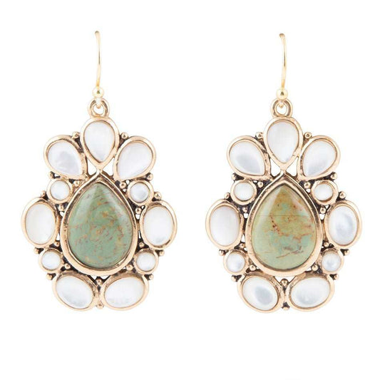 Green Turquoise and White Mother of Pearl Golden Bronze Drop Earrings - Barse Jewelry - Flyclothing LLC