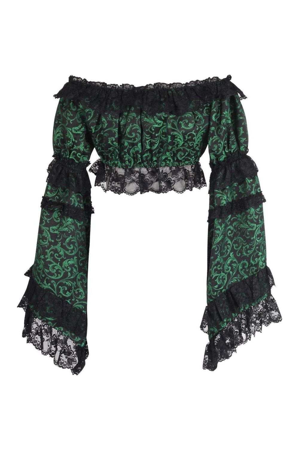 Daisy Corsets Green/Black Brocade Smocked Flare Sleeve Peasant Top - Daisy Corsets - Flyclothing LLC
