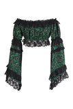 Daisy Corsets Green/Black Brocade Smocked Flare Sleeve Peasant Top