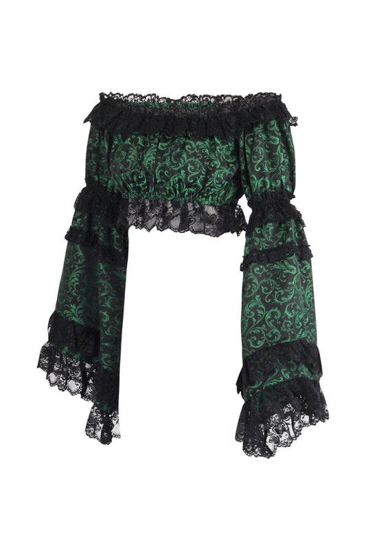Daisy Corsets Green/Black Brocade Smocked Flare Sleeve Peasant Top