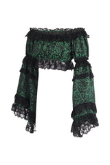 Daisy Corsets Green/Black Brocade Smocked Flare Sleeve Peasant Top