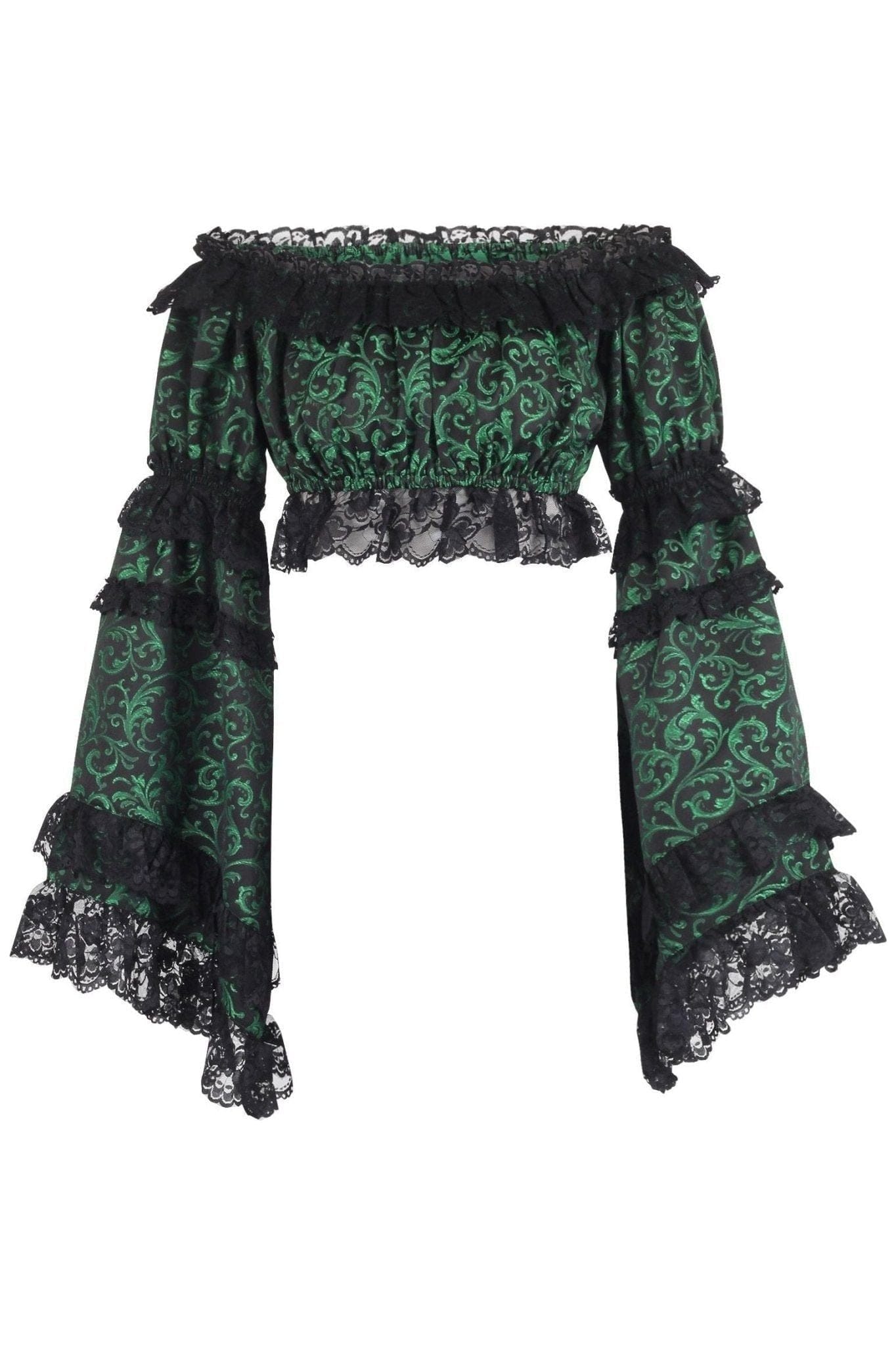Daisy Corsets Green/Black Brocade Smocked Flare Sleeve Peasant Top