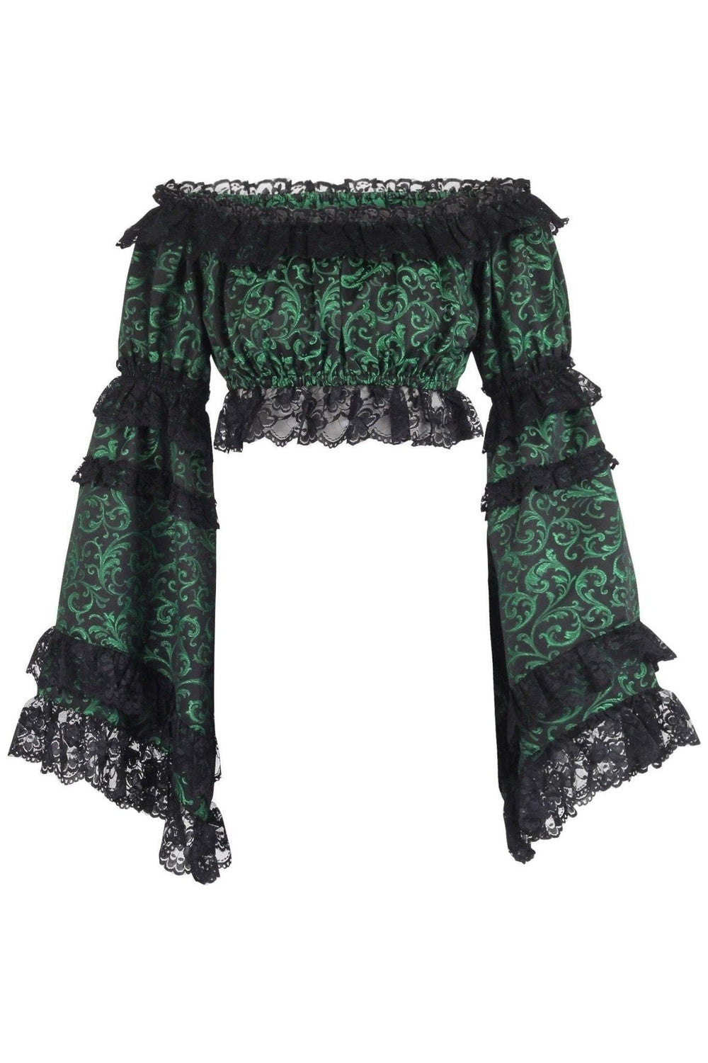Daisy Corsets Green/Black Brocade Smocked Flare Sleeve Peasant Top - Daisy Corsets