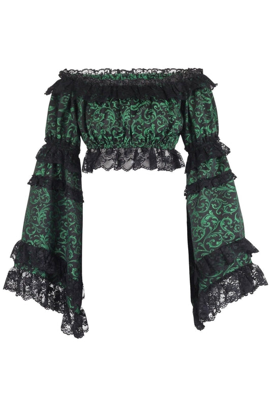 Daisy Corsets Green/Black Brocade Smocked Flare Sleeve Peasant Top