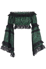 Daisy Corsets Green/Black Brocade Smocked Flare Sleeve Peasant Top