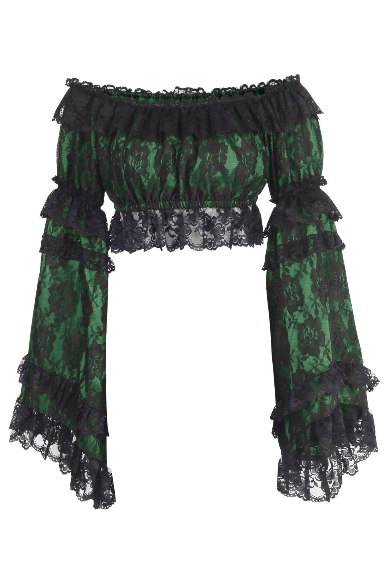 Daisy Corsets Green/Black Lace Smocked Flare Sleeve Peasant Top