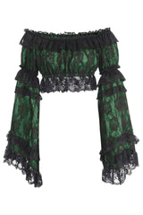 Daisy Corsets Green/Black Lace Smocked Flare Sleeve Peasant Top - Daisy Corsets - Flyclothing LLC
