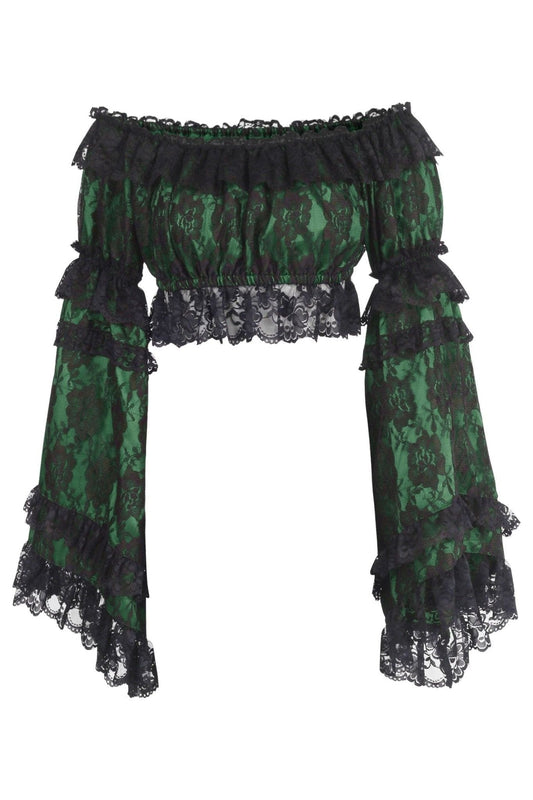 Daisy Corsets Green/Black Lace Smocked Flare Sleeve Peasant Top