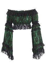 Daisy Corsets Green/Black Lace Smocked Flare Sleeve Peasant Top