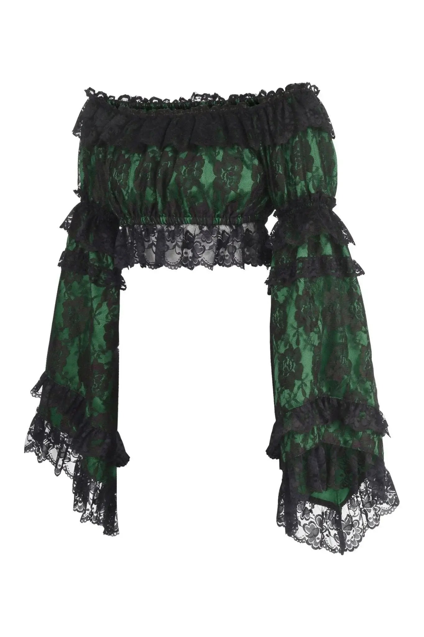 Daisy Corsets Green/Black Lace Smocked Flare Sleeve Peasant Top - Daisy Corsets - Flyclothing LLC
