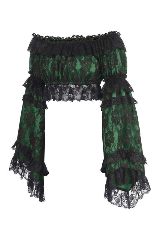 Daisy Corsets Green/Black Lace Smocked Flare Sleeve Peasant Top