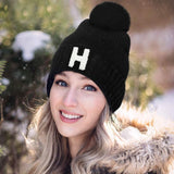 -H- Initial Monogram Faux Fur Pom Pom Knit Beanie Hat - Madeline Love - Flyclothing LLC