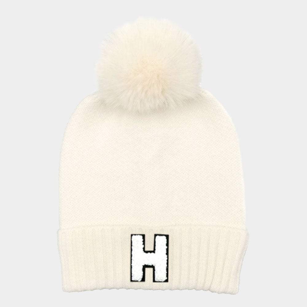 -H- Initial Monogram Faux Fur Pom Pom Knit Beanie Hat - Madeline Love - Flyclothing LLC