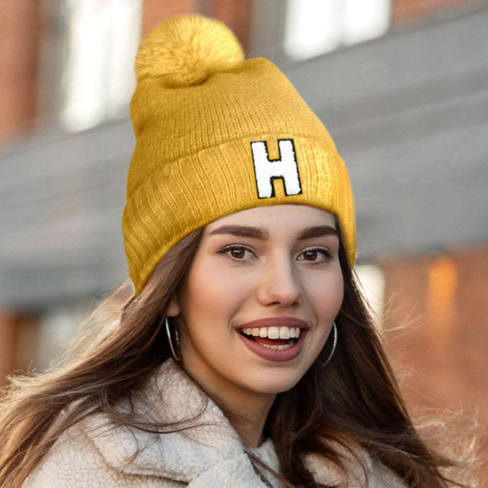 -H- Initial Monogram Faux Fur Pom Pom Knit Beanie Hat - Madeline Love - Flyclothing LLC