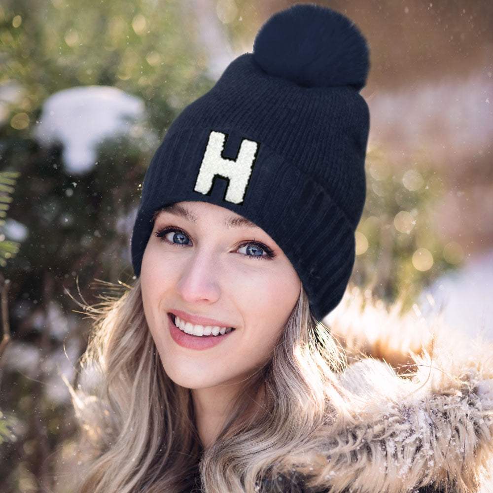 -H- Initial Monogram Faux Fur Pom Pom Knit Beanie Hat - Madeline Love - Flyclothing LLC