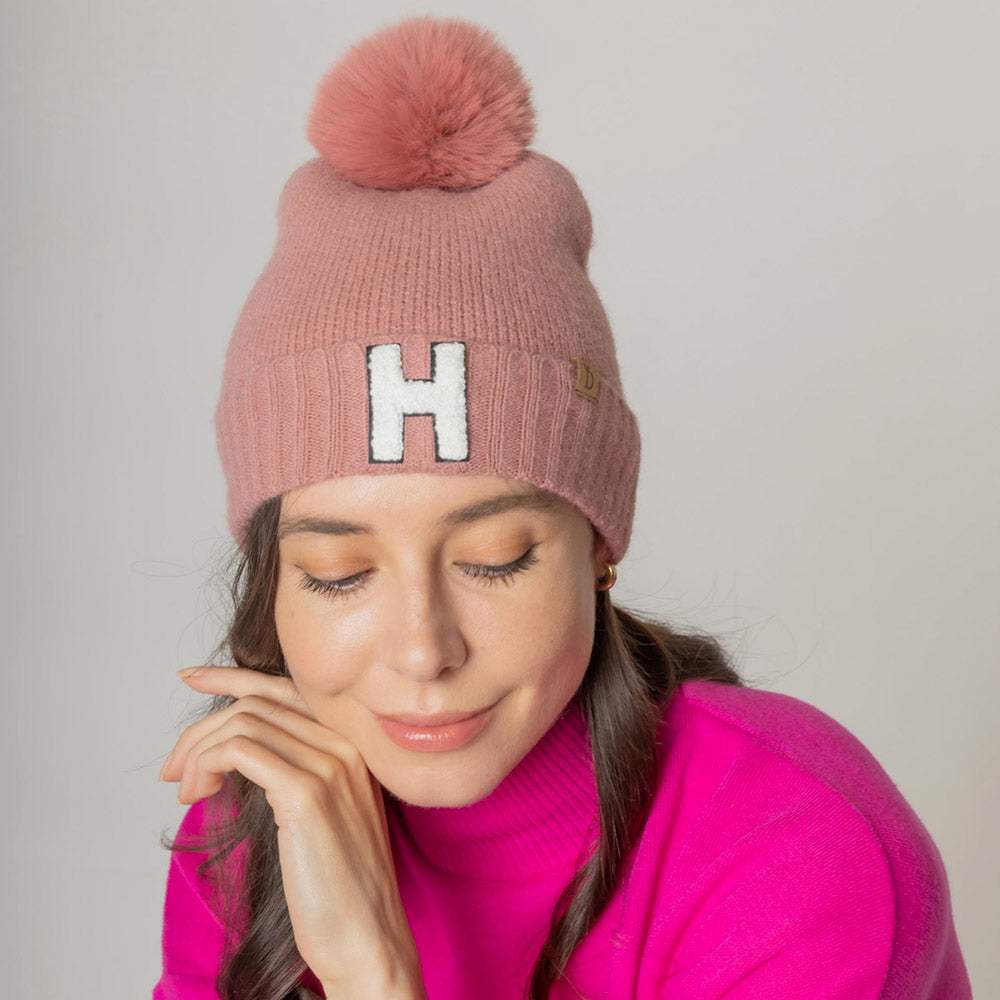 -H- Initial Monogram Faux Fur Pom Pom Knit Beanie Hat - Madeline Love - Flyclothing LLC