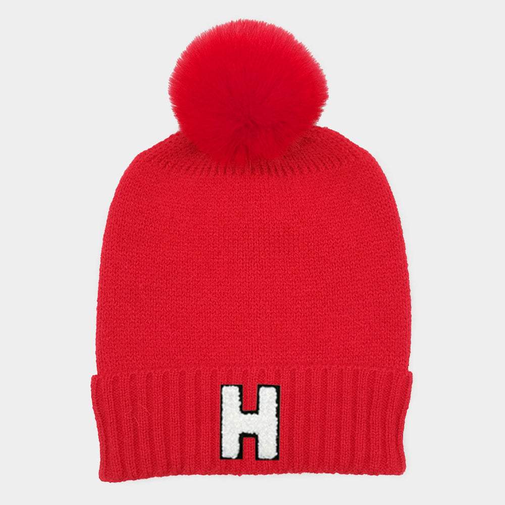 -H- Initial Monogram Faux Fur Pom Pom Knit Beanie Hat - Madeline Love - Flyclothing LLC