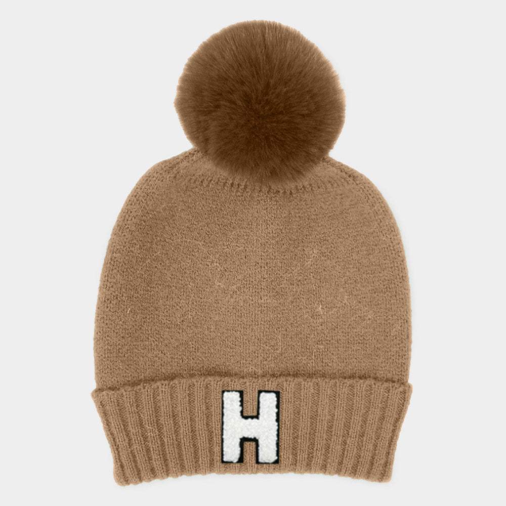 -H- Initial Monogram Faux Fur Pom Pom Knit Beanie Hat - Madeline Love - Flyclothing LLC