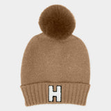-H- Initial Monogram Faux Fur Pom Pom Knit Beanie Hat - Madeline Love - Flyclothing LLC