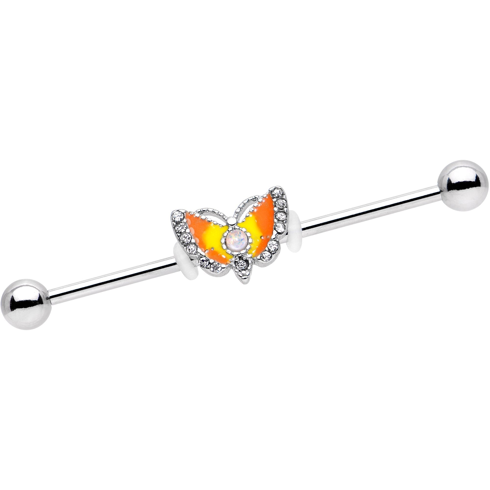 White Faux Opal Orange Moth To a Flame Industrial Barbell 38mm - BodyCandy - Flyclothing LLC