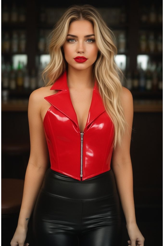 Top Drawer Red Patent Steel Boned Collared Bustier Top
