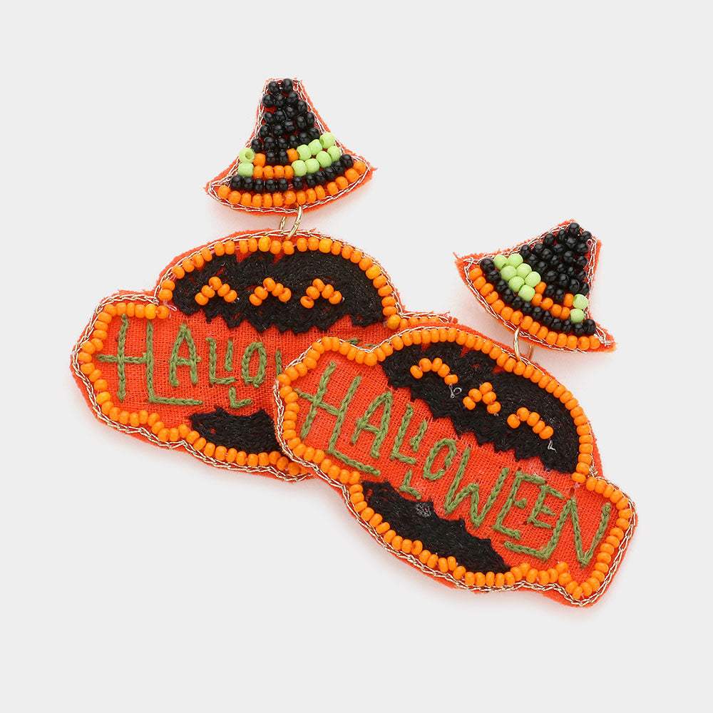 Halloween Message Felt Back Seed Beaded Witch Hat Pumpkin Link Dangle Earrings - Madeline Love - Flyclothing LLC