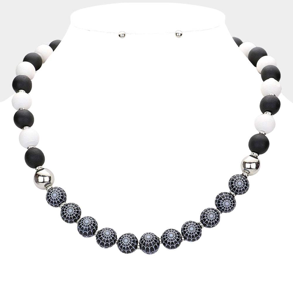 Halloween Spider Web Accented Wood Beaded Necklace - Madeline Love - Flyclothing LLC