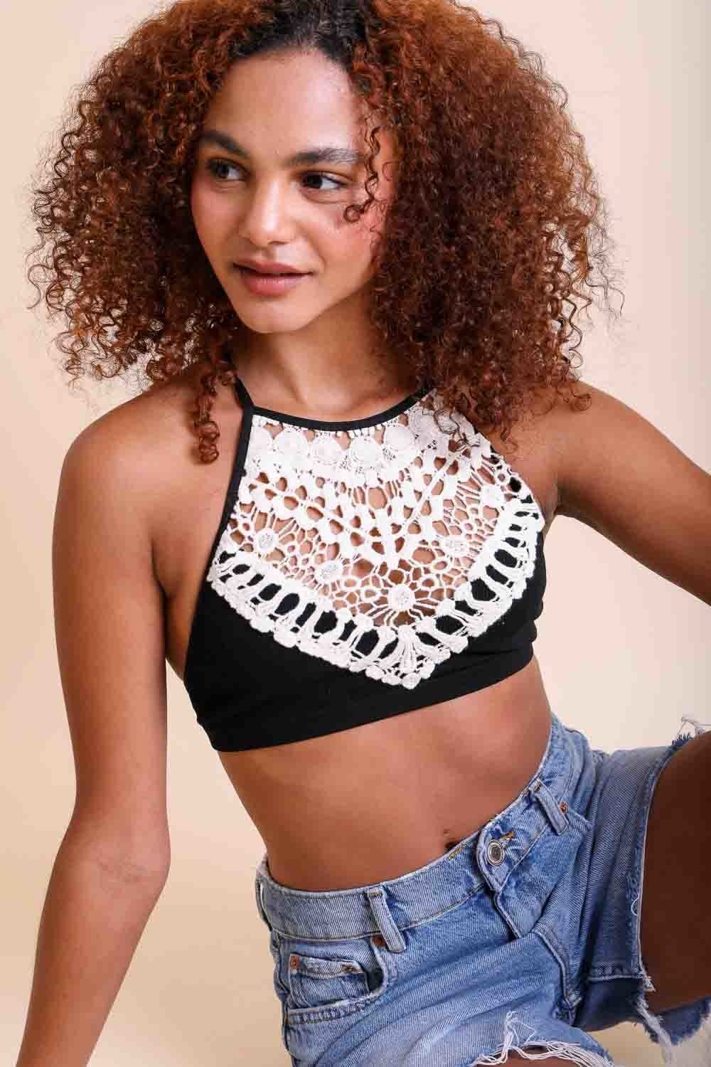 High Neck Crochet Lace Bralette – Stylish Layering Essential - Boho Clothing and Accessories - Flyclothing LLC