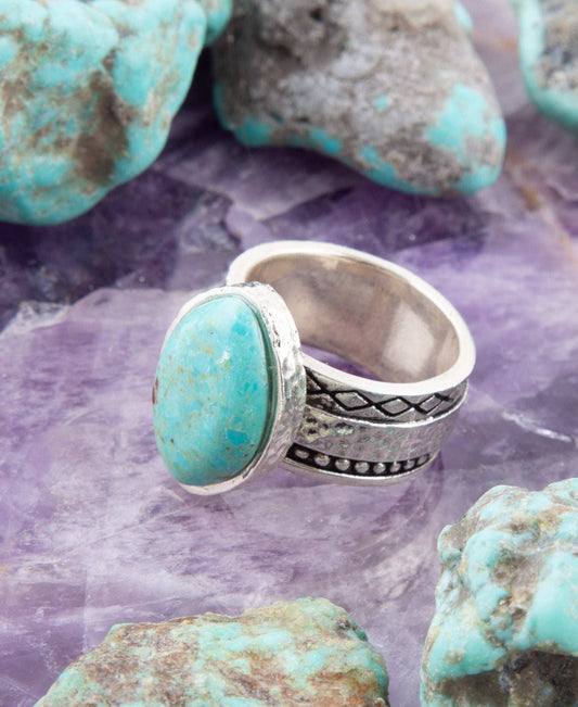 Hammered Big Sterling Silver and Blue Turquoise Ring - Barse Jewelry - Flyclothing LLC