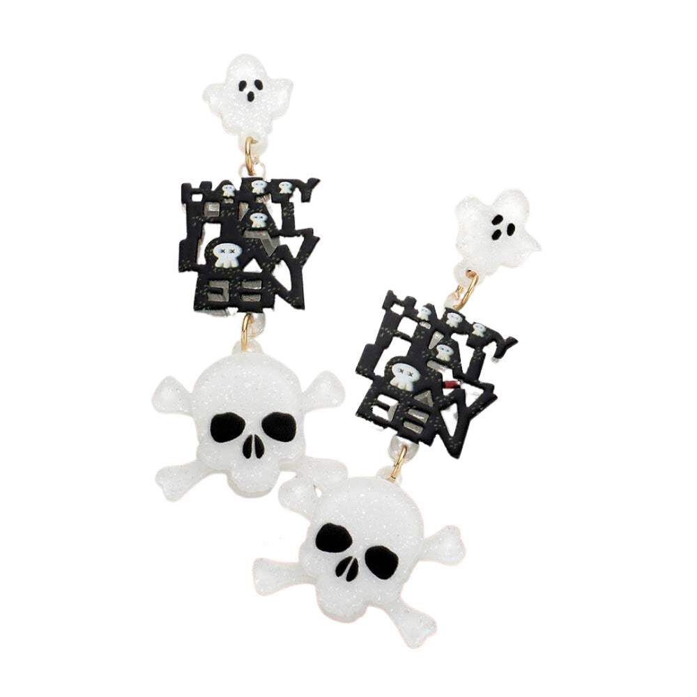 Happy Halloween Message Glittered Resin Ghost Skull Earrings - Madeline Love - Flyclothing LLC