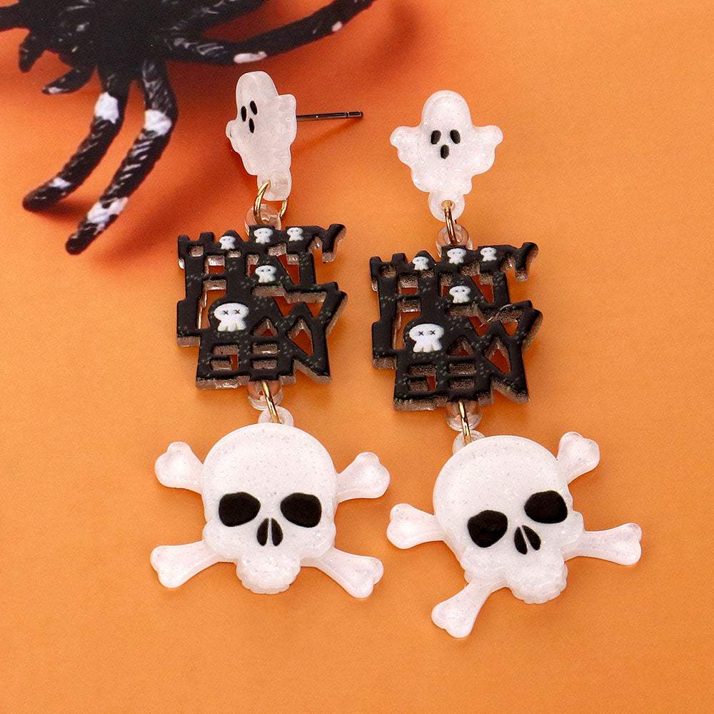 Happy Halloween Message Glittered Resin Ghost Skull Link Dangle Earrings - Madeline Love - Flyclothing LLC