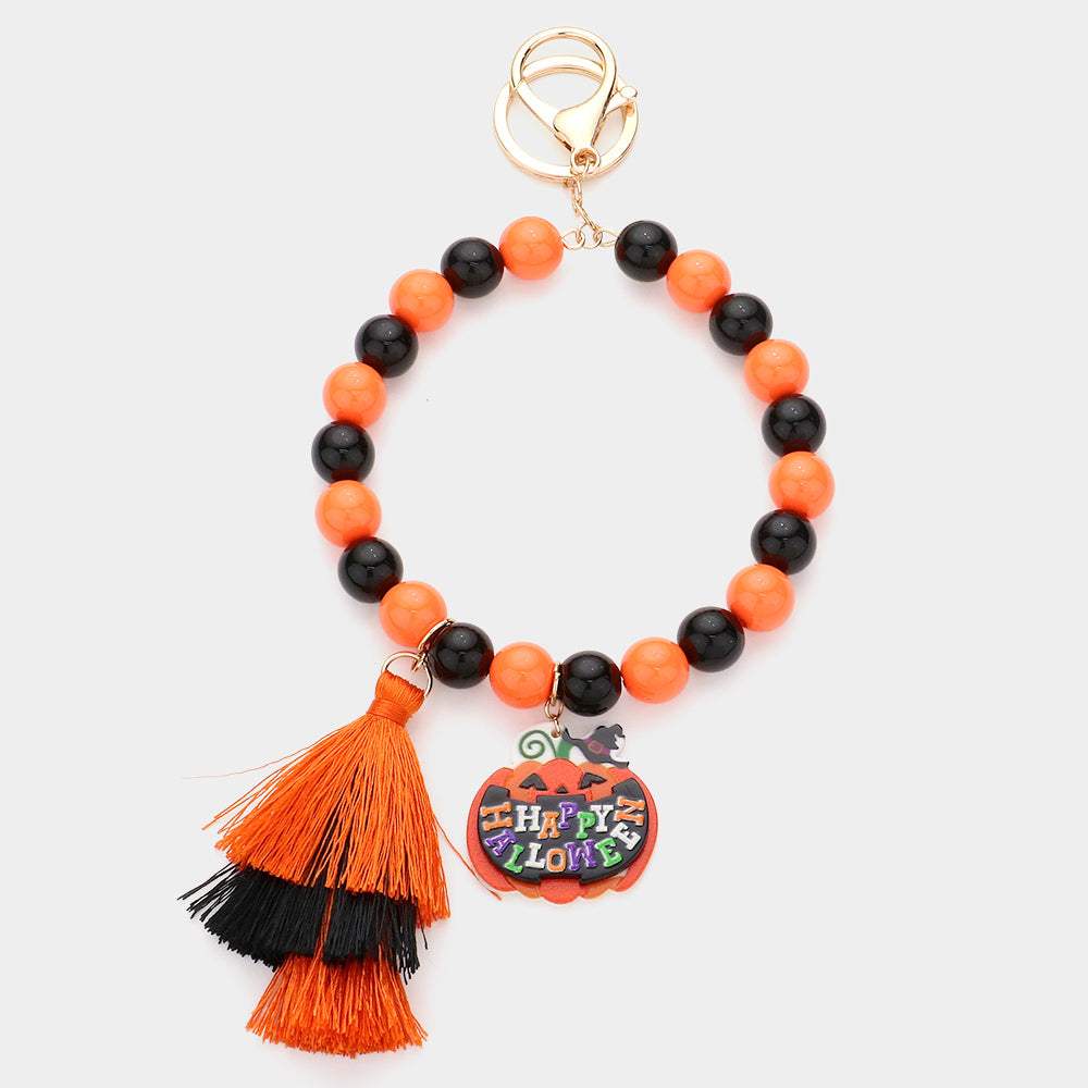 Happy Halloween Message Pumpkin Tassel Charm Beaded Keychain / Bracelet - Madeline Love - Flyclothing LLC