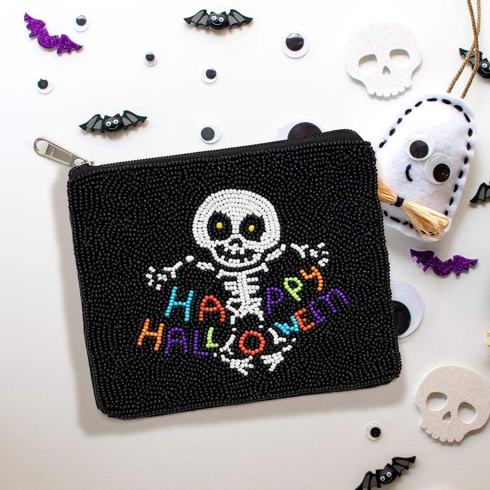 Happy Halloween Message Skull Seed Beaded Halloween Mini Pouch Bag - Madeline Love - Flyclothing LLC