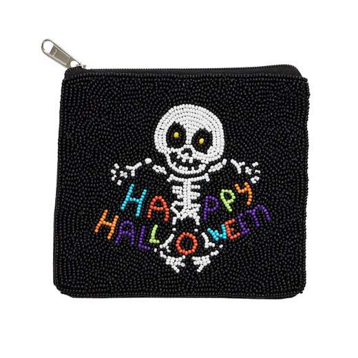 Happy Halloween Message Skull Seed Beaded Mini Pouch Bag - Madeline Love - Flyclothing LLC