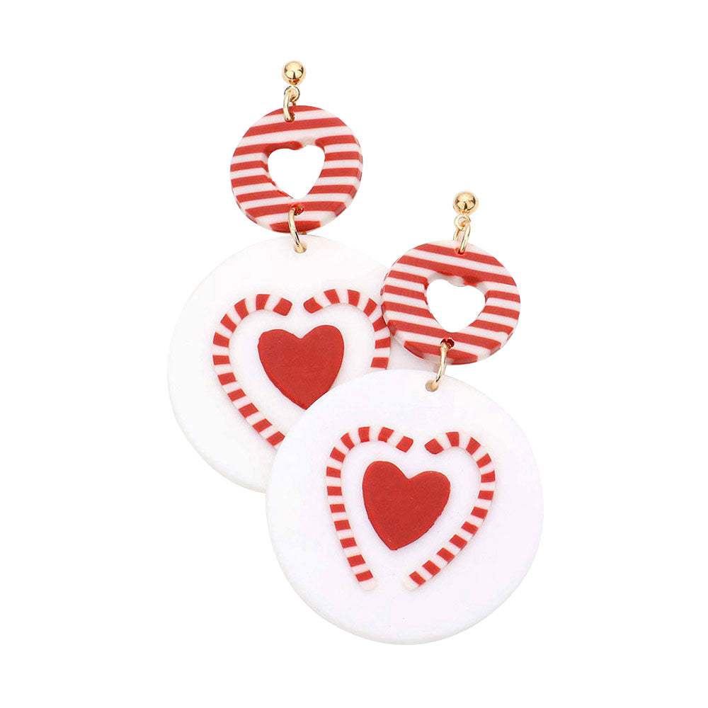 Heart Candy Cane Accented Round Polymer Clay Dangle Earrings - Madeline Love - Flyclothing LLC