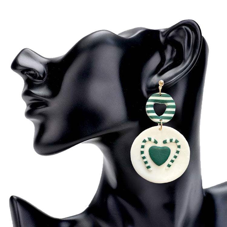 Heart Candy Cane Accented Round Polymer Clay Dangle Earrings - Madeline Love - Flyclothing LLC