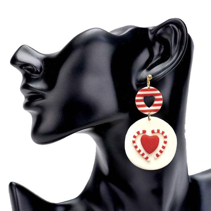 Heart Candy Cane Accented Round Polymer Clay Dangle Earrings - Madeline Love - Flyclothing LLC