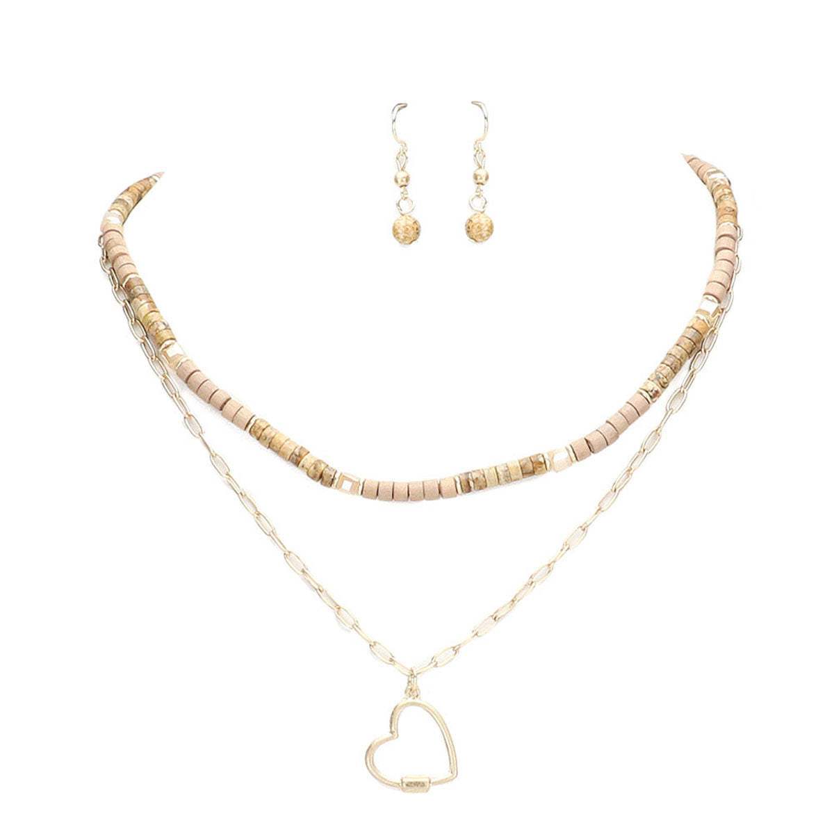 Heart Pendant Wood Natural Stone Double Layered Jewelry Set - Madeline Love - Flyclothing LLC